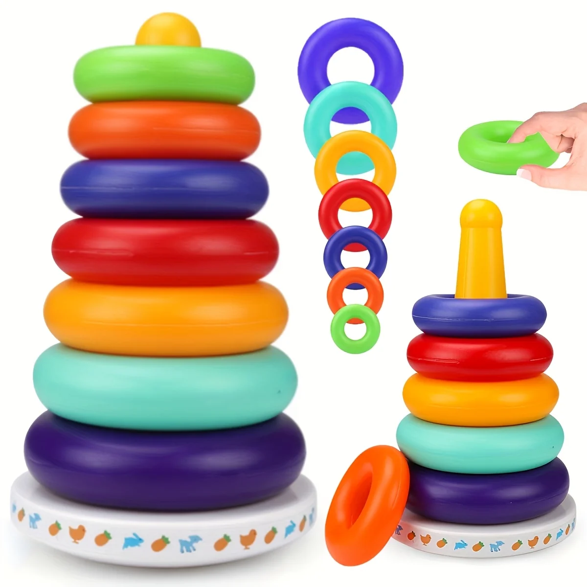 Rainbow Stacking Musical Toy with 6 Color Cards & STEM Blocks-Sensory Learning for Toddlers 1-3 Years, Birthday Gift Toy