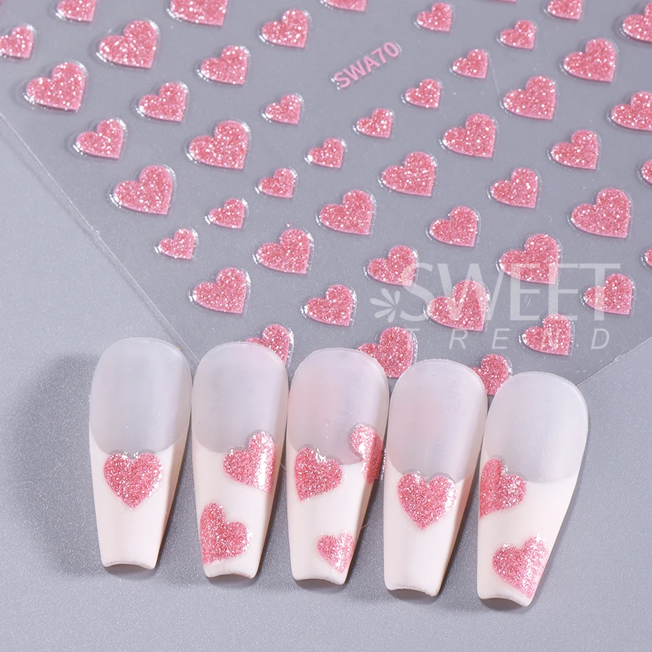 3pcs Glitter Love Heart 3D Nail Stickers Luxury Red Pink Love Nail Decals DIY Adhesive Slider Valentine Romantic Manicure Decor