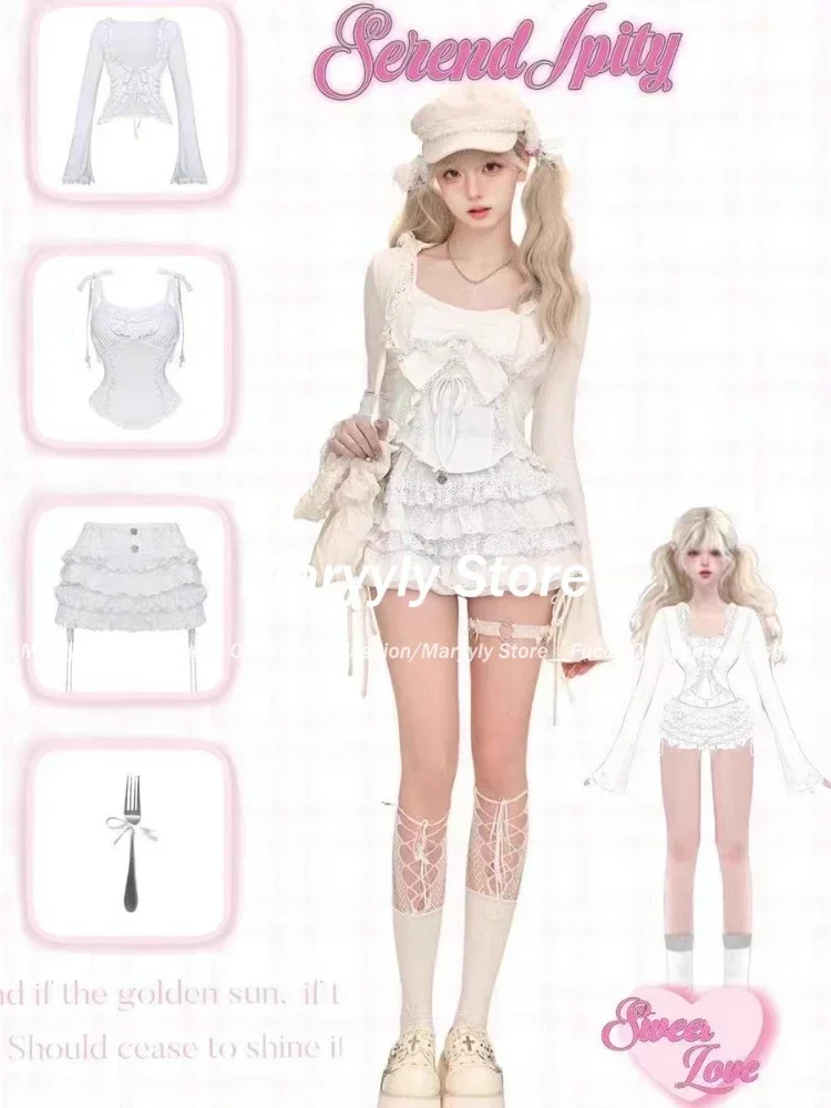 Autumn Winter New Elegant Sweet 3 Piece Sets Women Casual Y2k Cardigan Tops+ Cute Lace Bow Strap Vest+ Elastic Mini Cake Skirts 4