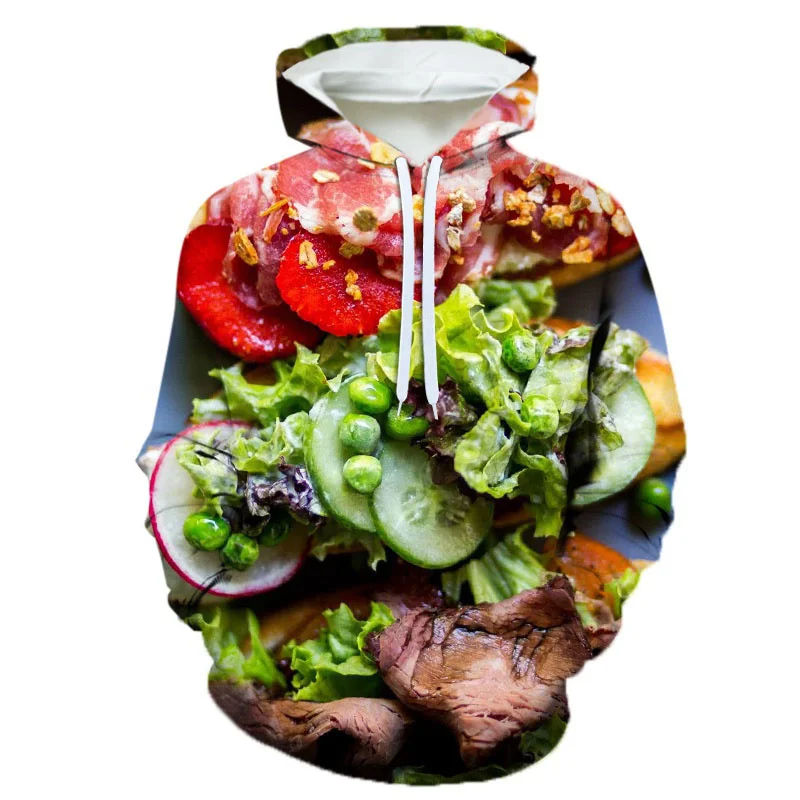 thumbnail image 1 of Sudadera con capucha de manga larga para hombre con estampado 3D de filetes, ensaladas, patatas fritas y comida, con estampado de hamburguesas, informal, 1 of 4