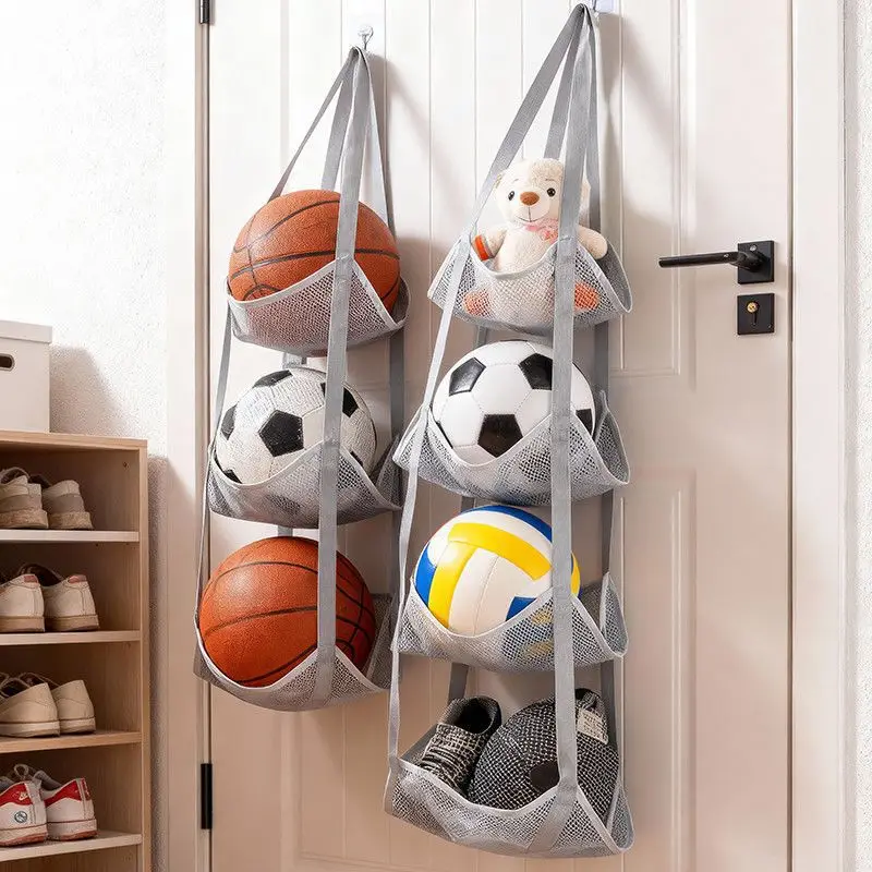 Collapsible Multi-Layer Sports Ball Organizer, Home Ball Storage Solution, Over-the-Door Hanging Basket