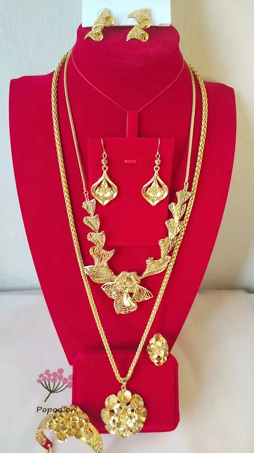 

New 24K Gold Plated Dubai Popodion Jewelry Set Necklace Earrings Bracelet Ring Bridal Wedding Jewelry Six Piece Set YY10398