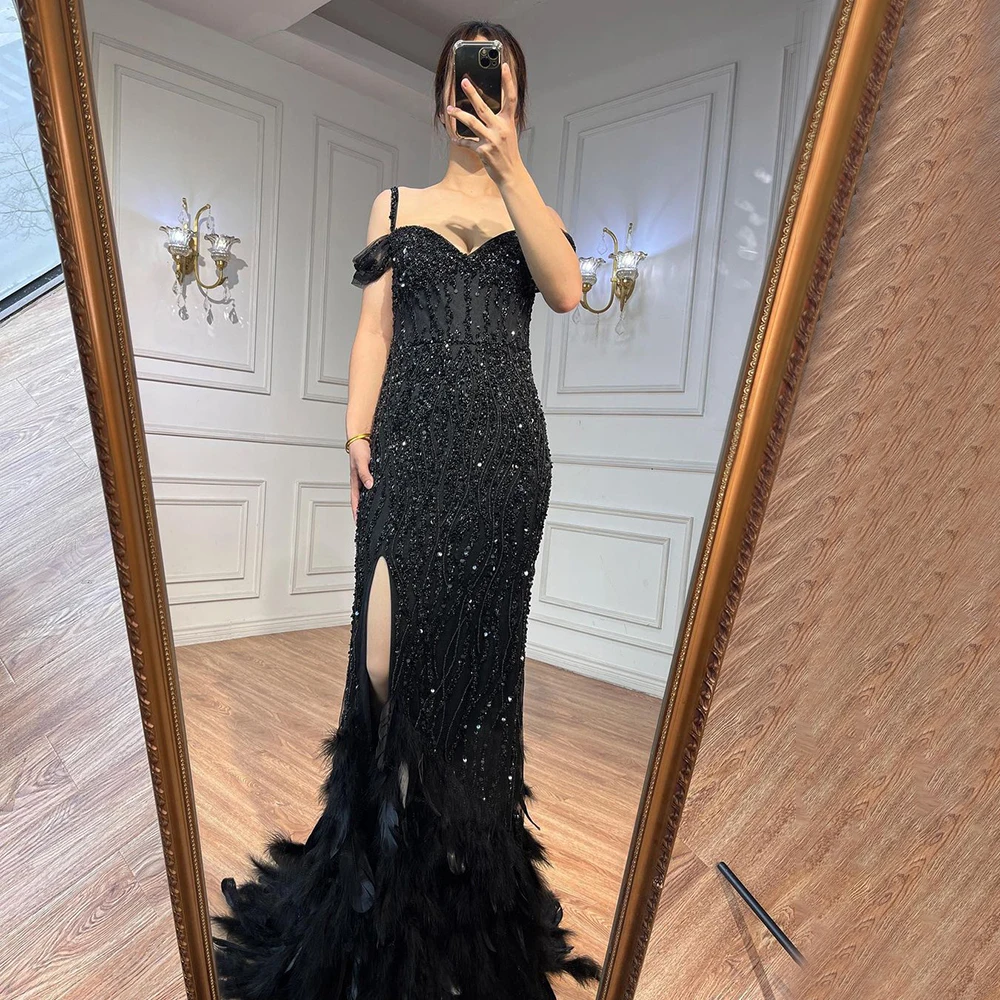 Green Mermaid Sexy High Split Off Shoulder Evening Dresses Feather Beaded Gowns Long 2023 For Women Party LA71650A Serene Hill