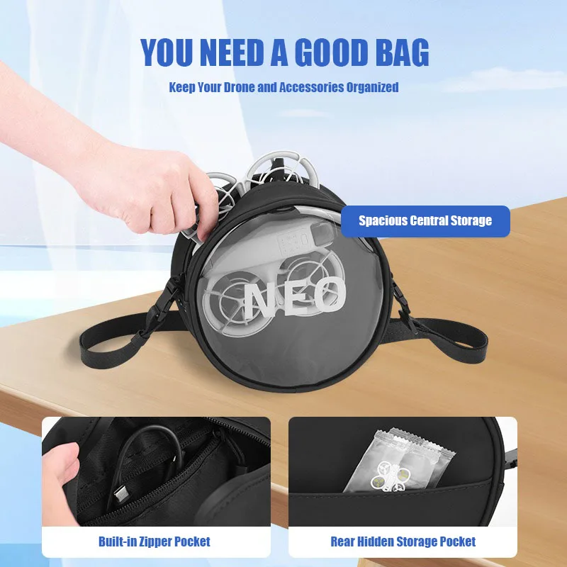 Sac de transport pour drone DJI NEO ouvert, avec le drone et ses accessoires bien rangés.