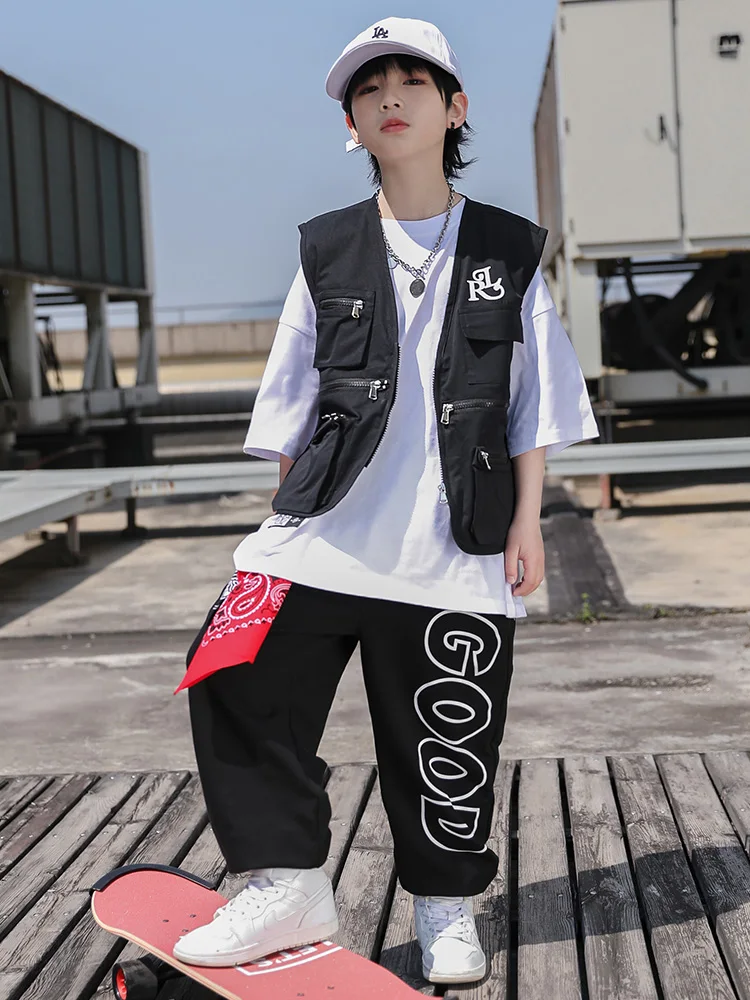 

Cool Boys Hip Hop Dance Costume Loose Black Vest Pants T Shirts Short Sleeves Summer Jazz Performance Clothes For Girls BL10809