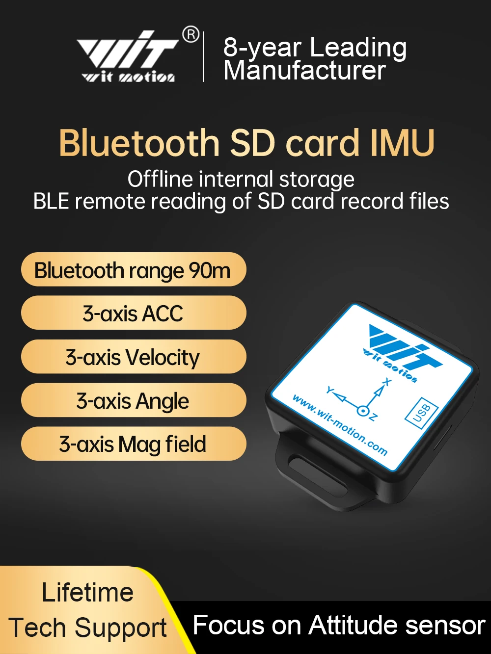 9-Axis Bluetooth Accelerometer Data Logger - WT901SDCL-BT50 With Gyroscope, Magnetometer & 16GB SD Card