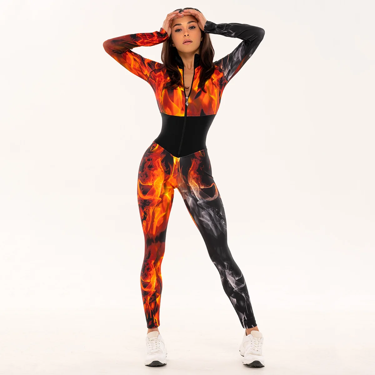 Oshoplive Fire Printed Long Sleeves Zipper Sports Jumpsuits For Women Sports Gym One Piece Jumpsuit new 1 6 years old children s shoes autumn kids net shoes super fire coconut shoes sports shoes with lamp soles