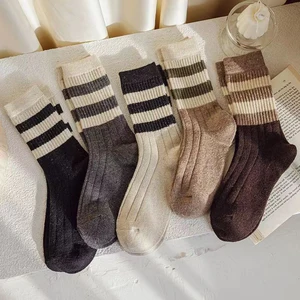 5Pairs Soft Thicken Winter Warm Striped Socks Trend Casual In Tube Socks for Women Retro American Stacked Sockings Clothes Decor