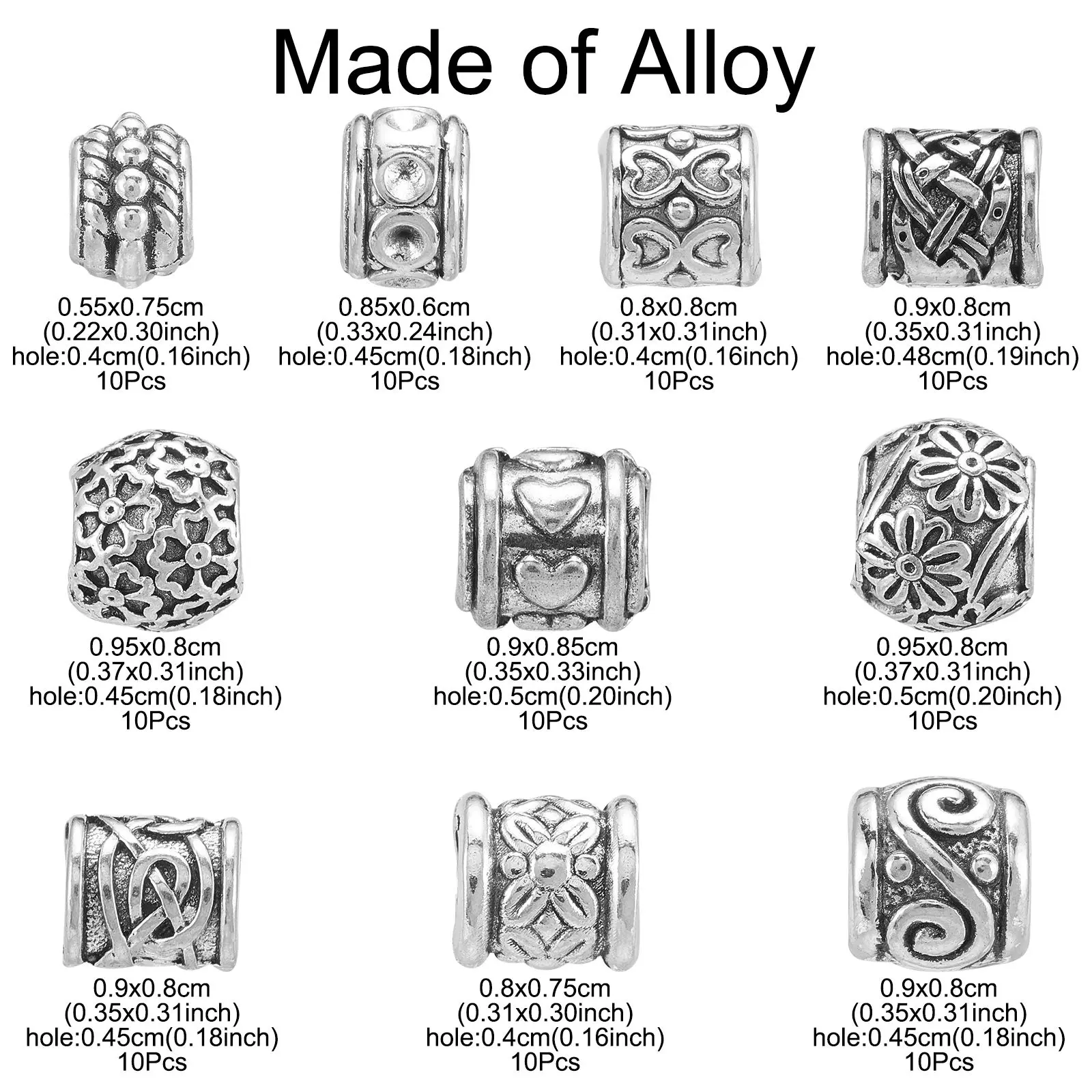 Pandahall 100Pcs 10 Styles Antique Silver European Large Hole Beads Tibetan Totem Spacer Beads for Bracelets Jewelry Making DIY