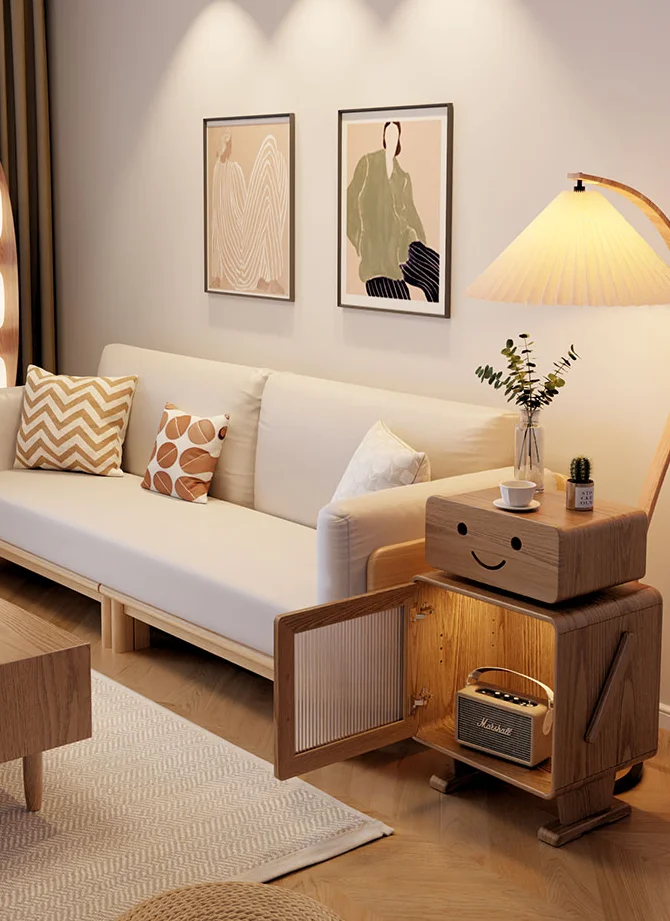 Solid Wood Bedroom with Light Storage Cabinet Living Room Creative Robot Children Bedside Cabinet
