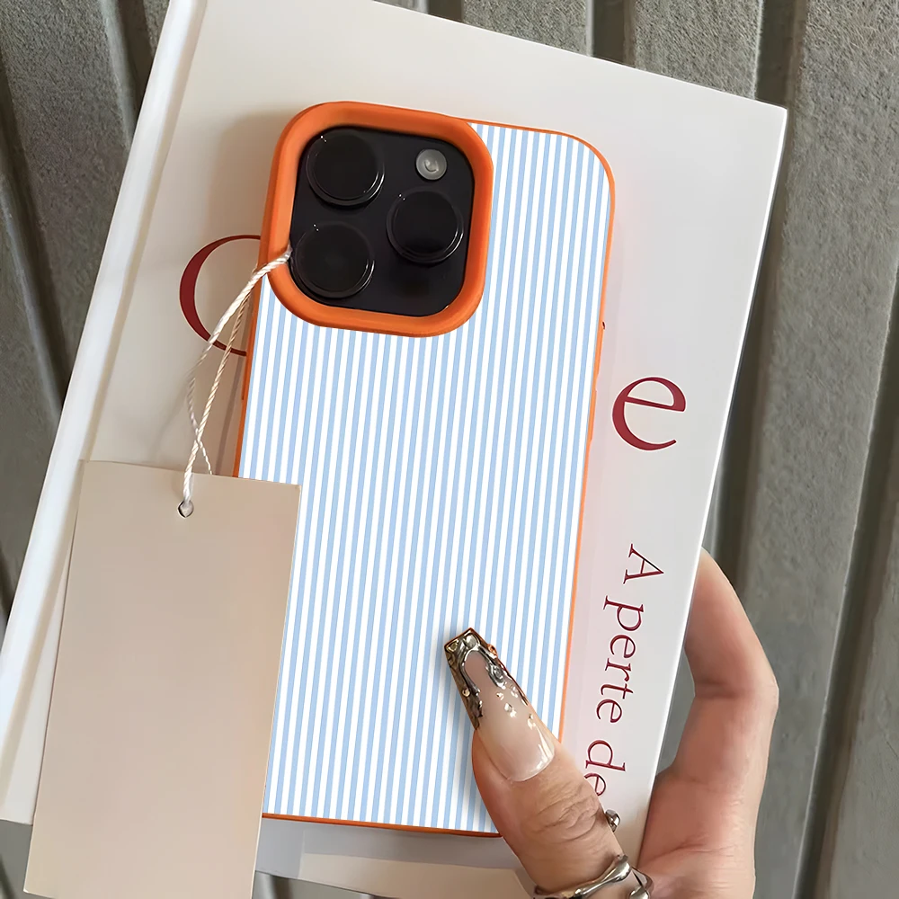 Light Blue Stripe Pattern Lychee Soft Phone Case Cover