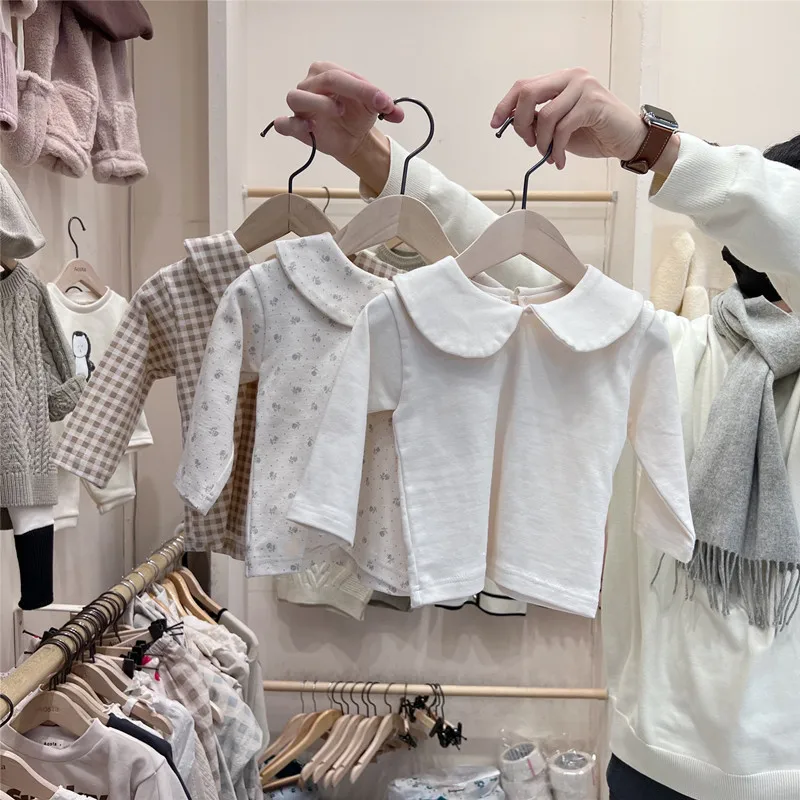 2025 Autumn New Baby Long Sleeve Cotton T Shirts Infant Plaid Floral Cute Girls Tops Kids Versatile Casual Lapel Bottoming Shirt - Image 2