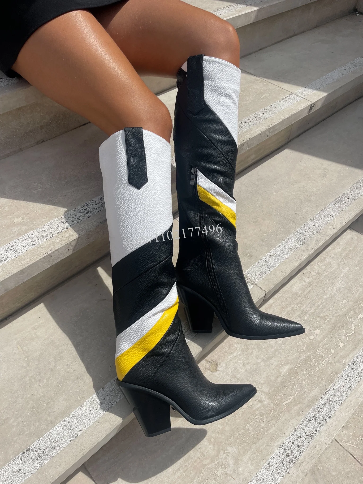 

Women Graffiti Knee Boots Textured Leather White Yellow Black Colorblock Blocks Short Heel Pointed Zip Booties Brand Design Shoe
