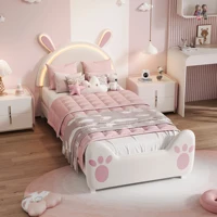 Lit rembourré Rosahqnda, lit simple avec tête de lit à oreilles de lapin, lit pour enfants avec lattes en bois 1