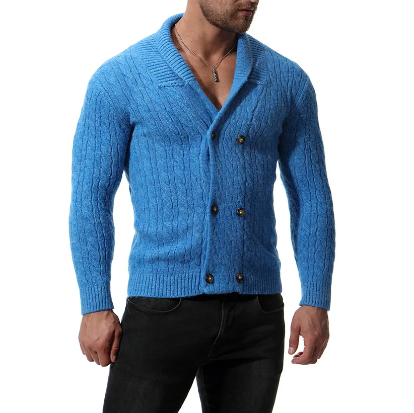 

New Slim Men Knit Lapel Long Sleeve Solid Color Regular Sweater