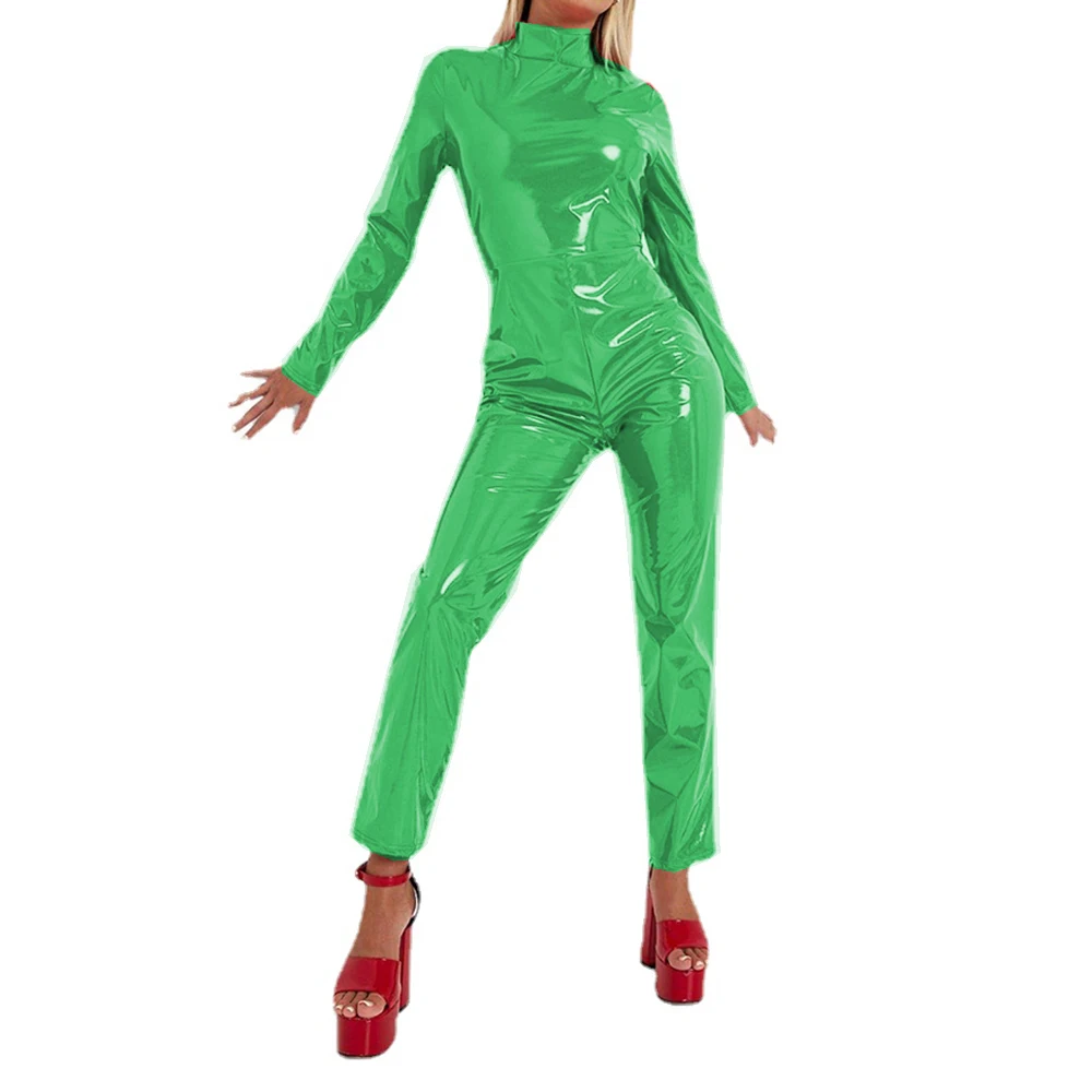Wet Look PVC Full Sleeve High Neck Catsuits for Women, Faux Latex Jumpsuits, Sexy Bodycon, High Street Party, Club, S-7XL