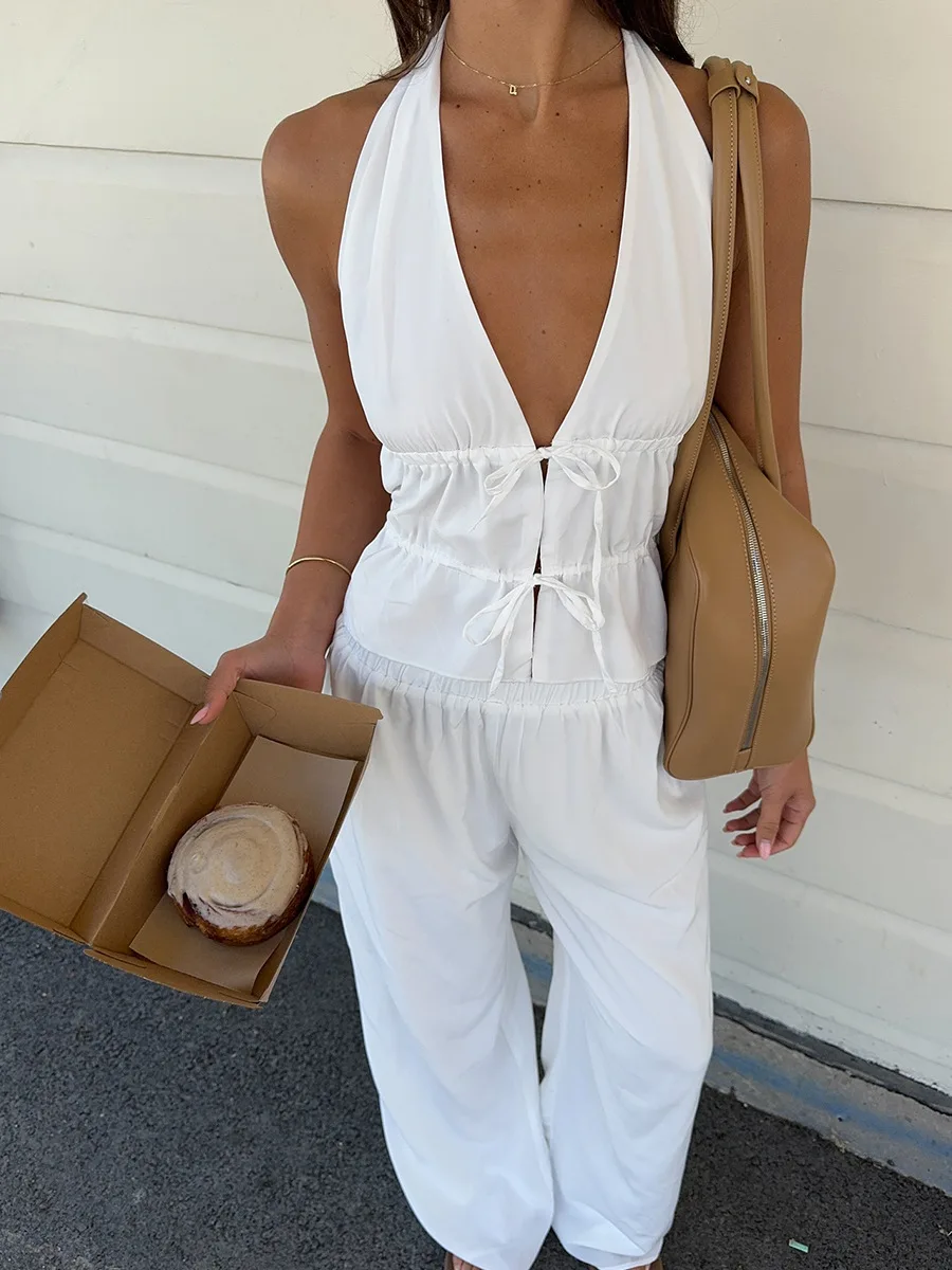 Bornladies 2026 Spring Summer New Halter Tank Top Pants Two-Piece Set Women's  Lace-up Tank Wide-Leg Pants Cotton Outfit