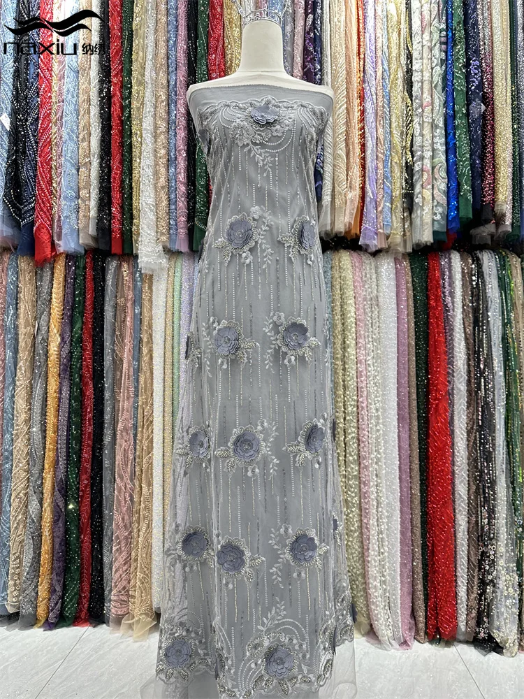 

Madison-African Mesh Fabrics для женщин, пошив свадебных платьев, дубайские кружевные блестки, высокое качество, рука, роскошь, вышивка, 5 Y