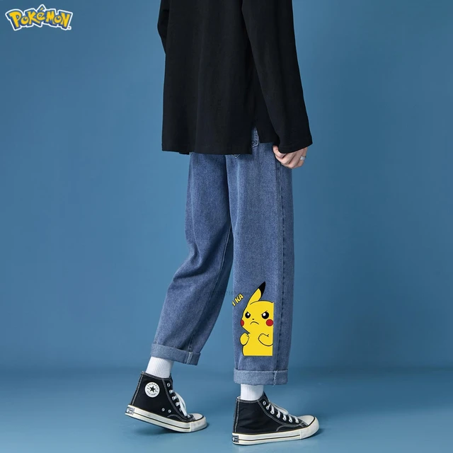 Pokemon Pikachu Harajuku Cartoon Print Straight Casual Denim Pants Mens Washed Jeans Baggy Loose Blue Jean Pants - AliExpress