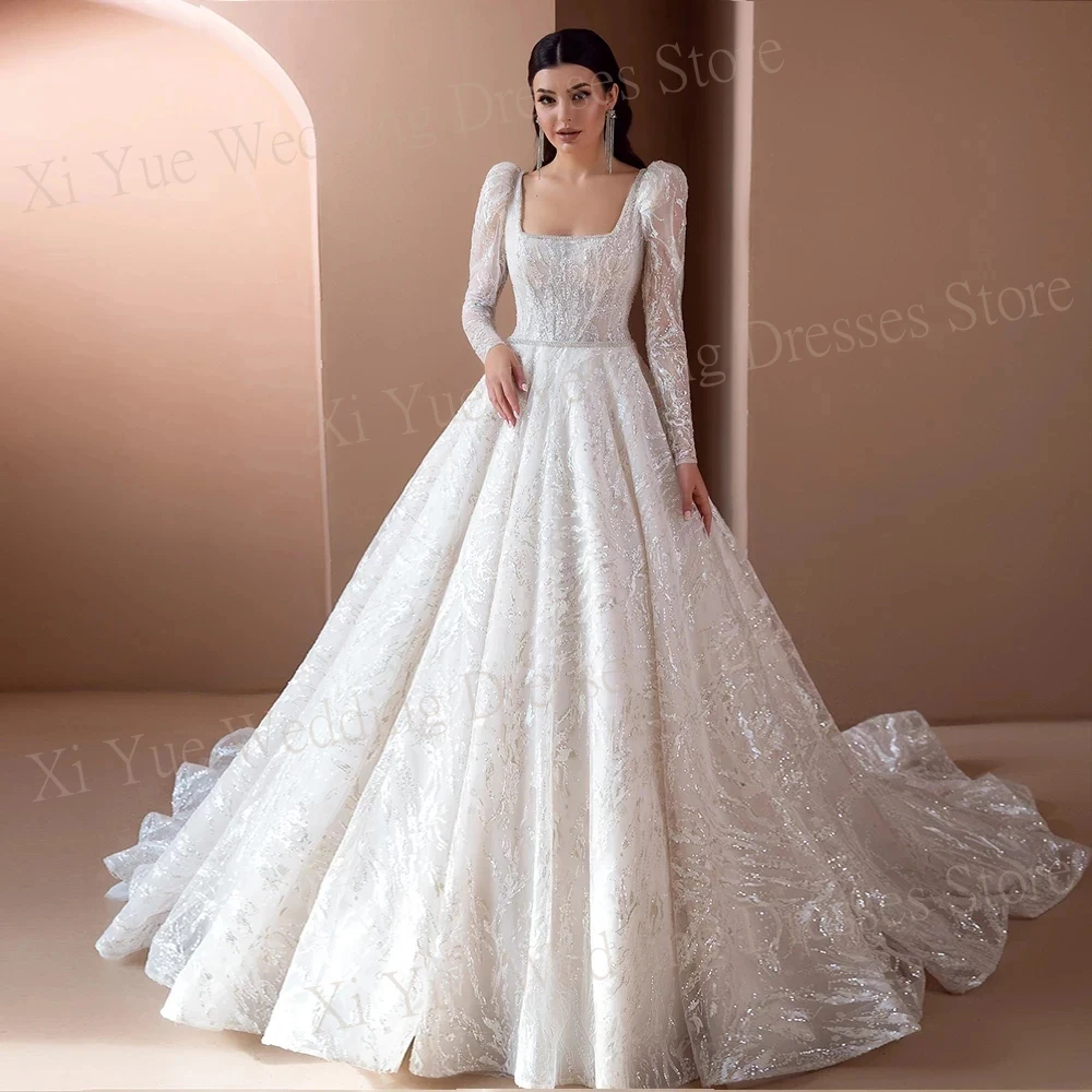 Elegant Simple Square Neck Wedding Dresses Sparkly Beads Sequins Bride Gowns A-Line Princess Long Sleeves 2024 Robes De Mariée