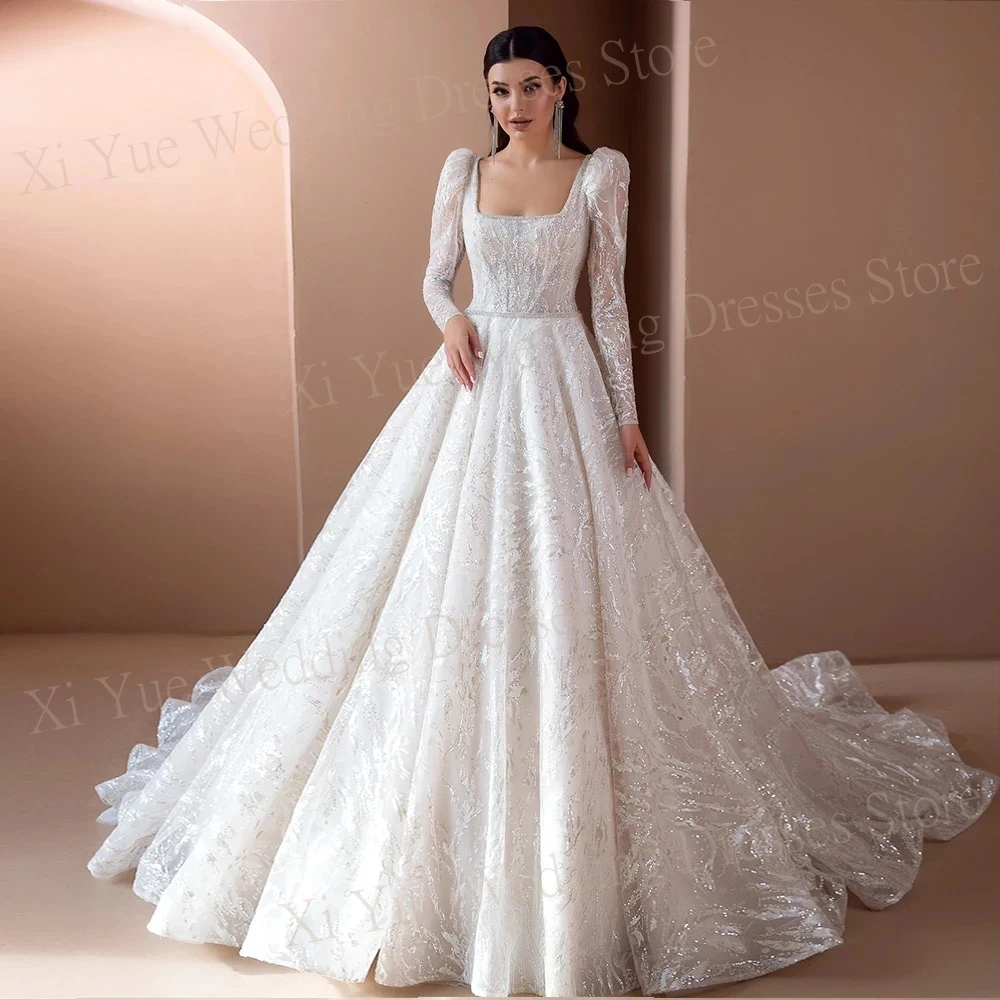 Elegant Simple Square Neck Wedding Dresses Sparkly Beads Sequins Bride Gowns A-Line Princess Long Sleeves 2024 Robes De Mariée thinyfull elegant o neck a line wedding dresses lace flower long sleeves princess bride bridal gowns dress vestido de noiva