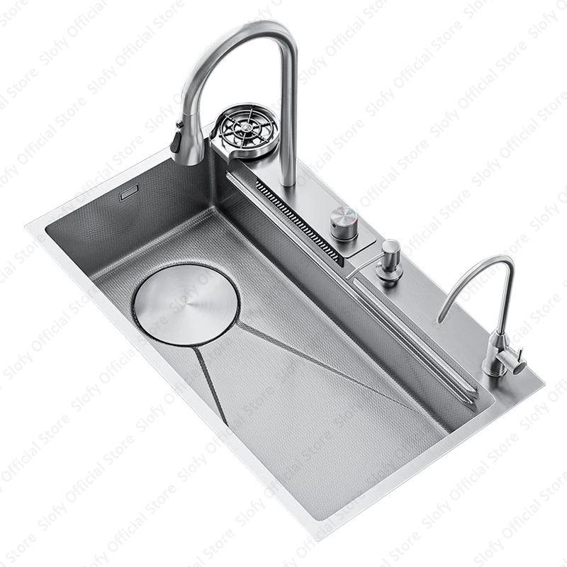 Kitchen Sink Vegetable Workstation Honeycomb Embossing Waterfall Faucet Drain Accessories