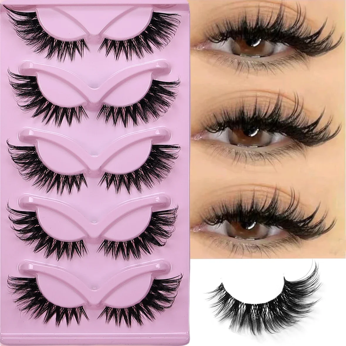 5 Paar Katzenaugen-Wimpern, dünne künstliche Wimpern, flauschige Katzenaugen-Wimpernverlängerungen, falsche Wimpern