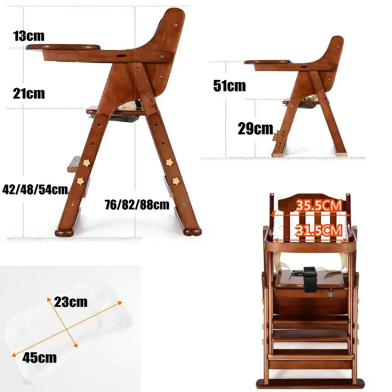 Foldable Baby Feed Table With Adjustable Seat Height, Pine Kids Highchair Have Plate, No Need To Assemble