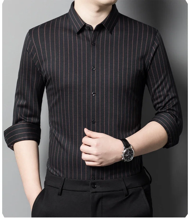 Seamless Wool Spring Autumn Men's Dress Shirts Luxury Striped Long Sleeve Business Casual Single Breasted Male Shirts 4XL