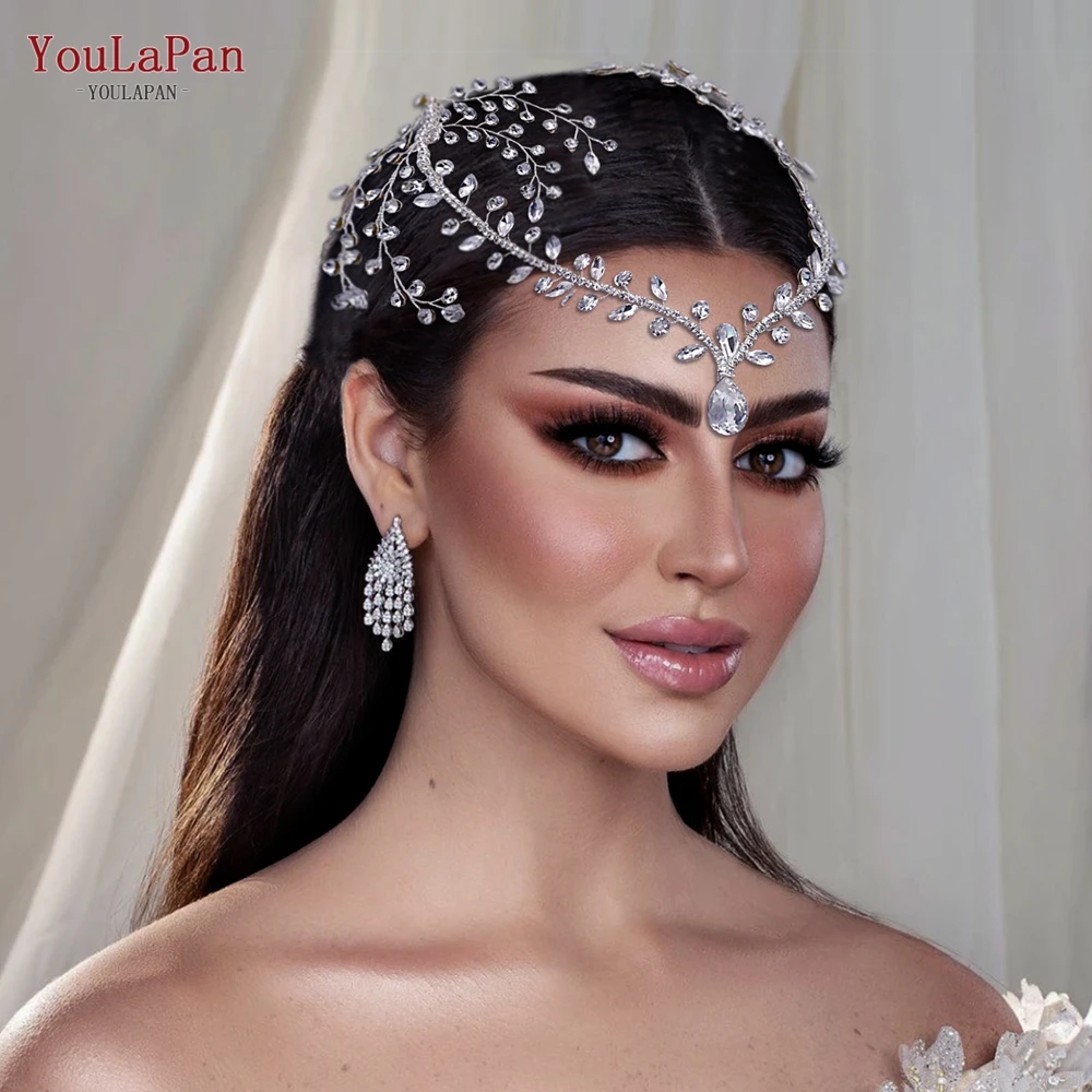 Rhinestone Wedding Forehead Headband Women Headdress Water Drop Bridal Head Tiara Bride Head Piece with Combs for Hair Accessory