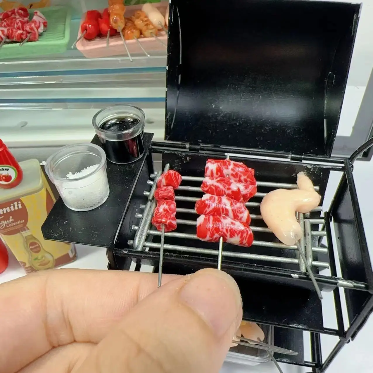 New 1/12Miniature Supermarket food simulation kabob beef sausage corn mushroom for Doll House Mini Kitchen Clay food Accessories 6