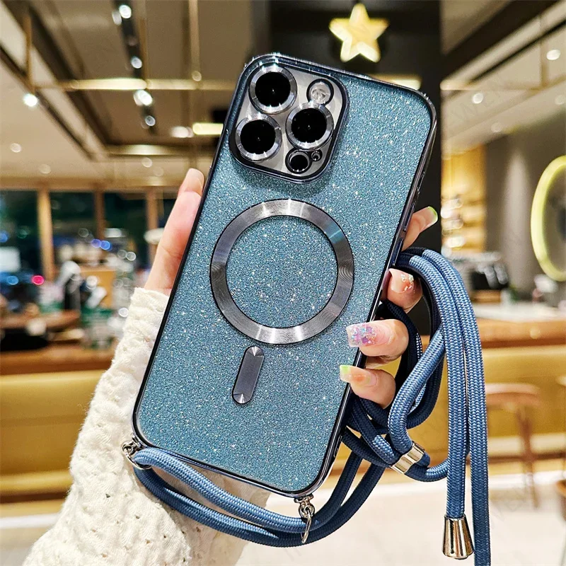 Sparkling Crossbody Lanyard Magnetic Phone Case with Electroplated Soft TPU Back Cover