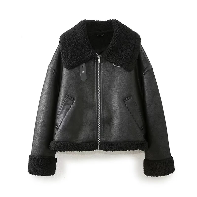 

YENKYE 2023 Women Fashion Faux Leather Lambswool Motorcycle Jacket Long Sleeve Female Winter Warm Biker Coat