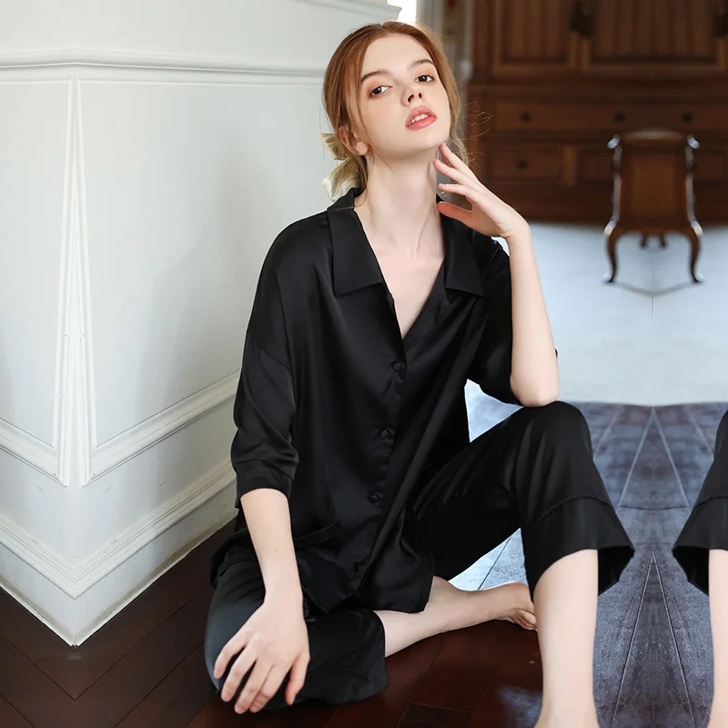 

Spring Autumn Black Lace Cutout Sexy Pattern Women Pajama Set Luxurious Rayon Sleepwear Long Sleeve Trousers Two Homewear Suit