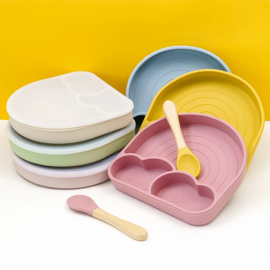 Baby Safe Silicone Dining Plate Suction Dishes Plate Toddle Training Feeding Sucker Kawaii Rainbow Bowls Children's Tableware