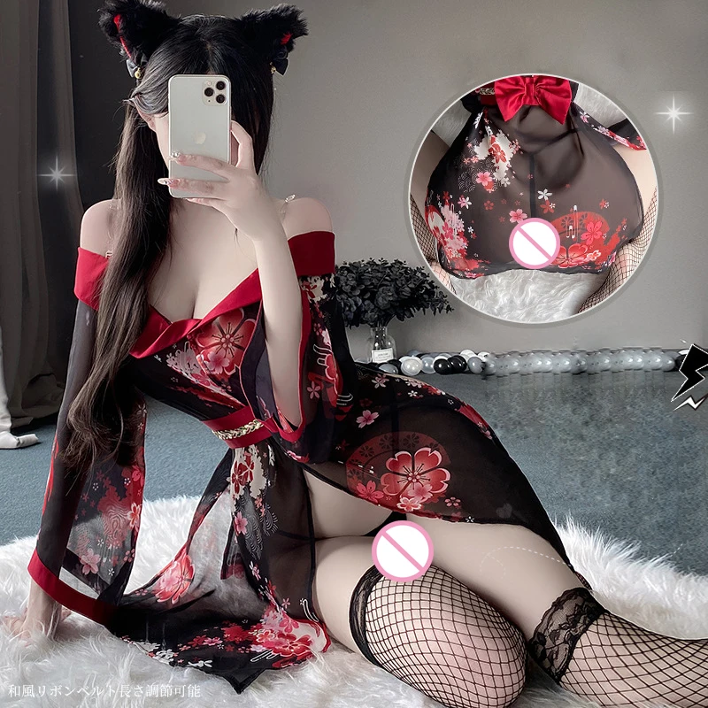 

Off Shoulder Transparent Shoulder Strap Kimono Thong Set Erotic Women Game Uniform Bow Belt Japanese Kimono Perspective Pajamas