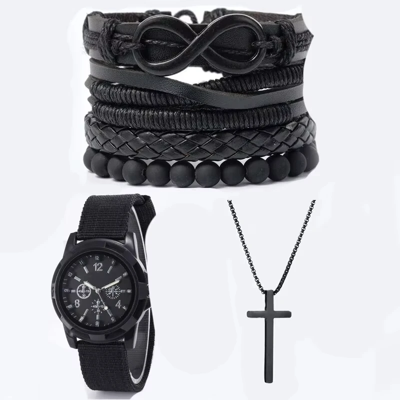 5/6pcs Set Fashionable Pu Leather '8' Shape Beaded Bracelet With Mechanical Watch, Cross Pendant Necklace For Men, Black-Colored 4