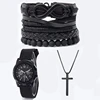 5/6pcs Set Fashionable Pu Leather '8' Shape Beaded Bracelet With Mechanical Watch, Cross Pendant Necklace For Men, Black-Colored 4