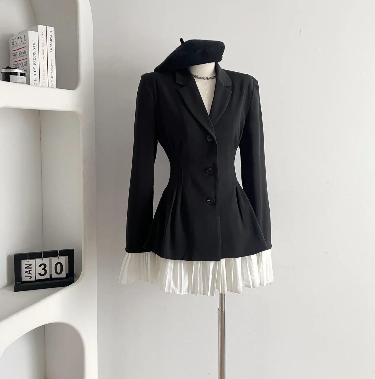 Elegant Patchwork Suit Dress Women Turn-down Collar Single Breasted Flare Sleeve Pleated Autumn Spring Korean Chic New Clothes
