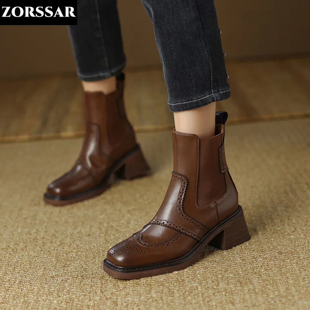 

INS British Style Cow Leather Women Thick Heels Ankle Boots Square Toe Zip Classic Retro Outdoor Work Boots Female Winter Shoes