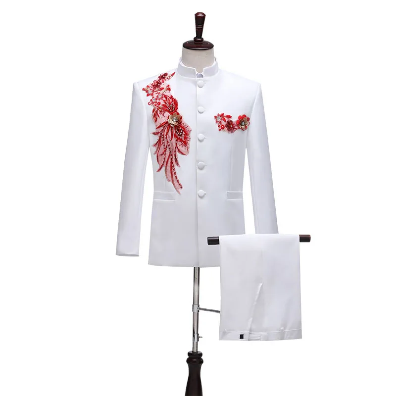 White Blazer Pants Set For Men Chinese Tunic Sequin Embroidery  Party Wedding Dress Groomsmen Slim Fit Tuxedos Male 2 Piece Suit