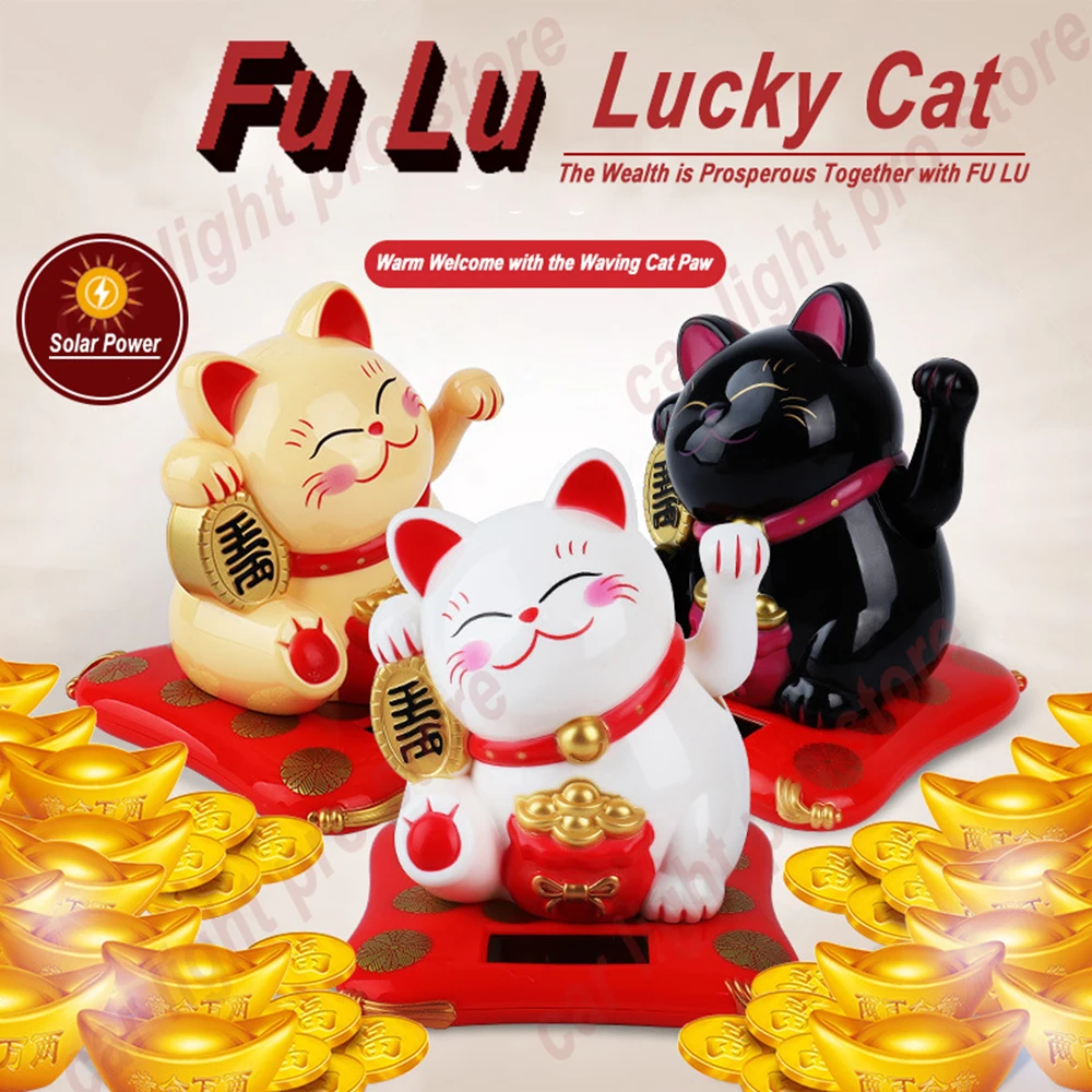1Pc Lucky Cat Solar Powered Maneki Neko Hand Waving Fortune Cat Figurine Home Office Car Holiday Stagionale Capodanno Decor
