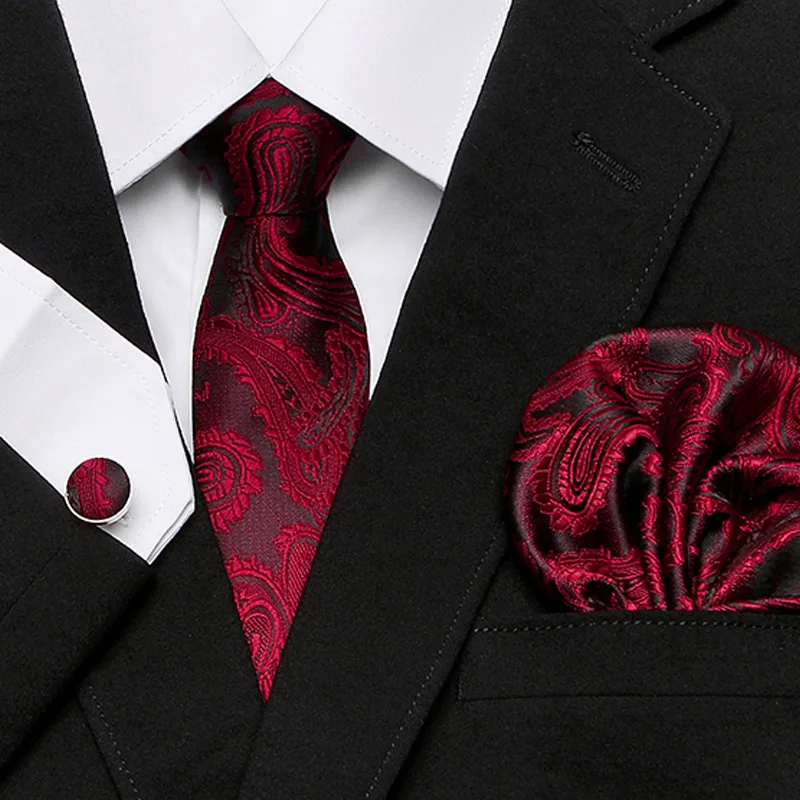 

2023 New Luxurious Wine Red Mens Neckties Set Paisley Checkered Square Towel Cufflinks Bussiness Wedding Party Tie Suit Bandanna