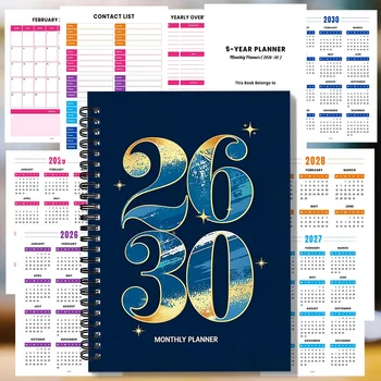 Agenda Mensile 2026-2030, 5 Anni, Blu Navy, con Numeri Artistici, Organizer Durevole con Obiettivi Annuali e Co.