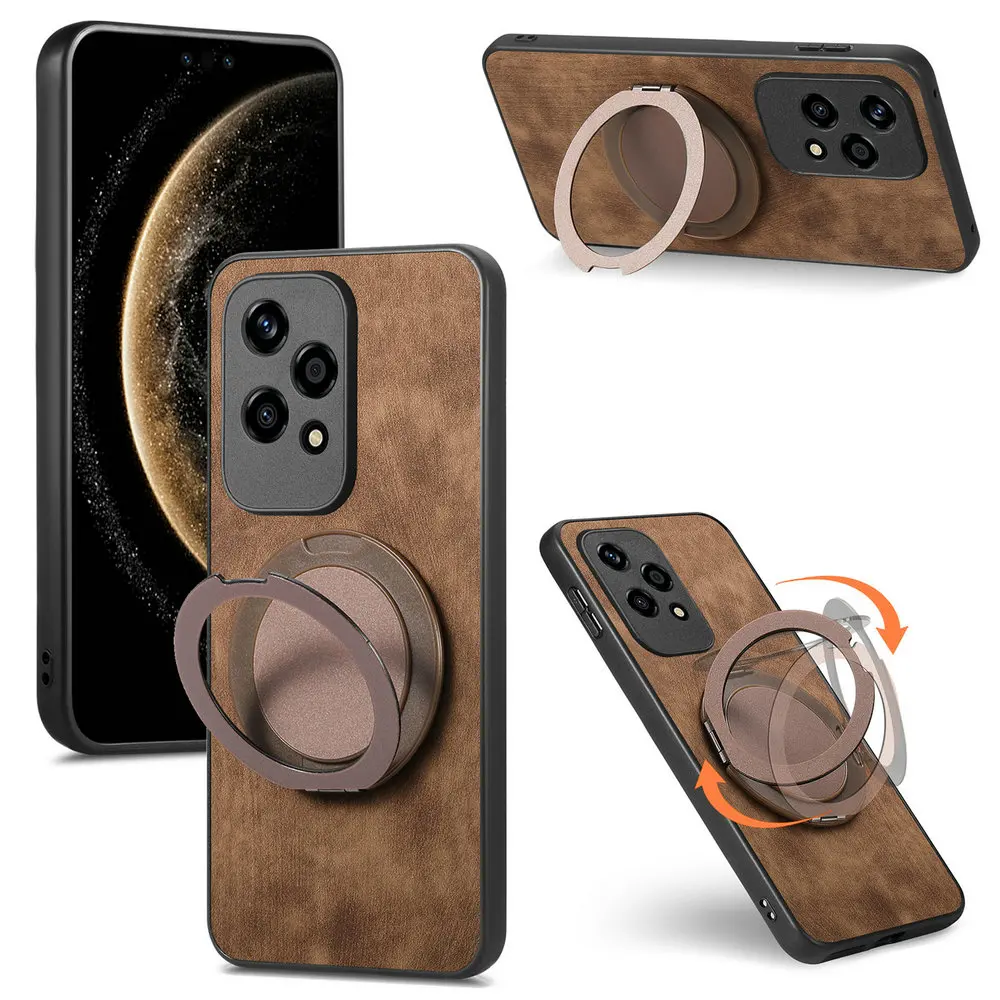 Leather Back Panel Phone Case with Magnetic Ring Holder, Enhanced Protection