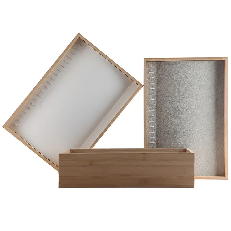 Wood Jewelry Display Tray with Storage Box and Racks for Necklaces, Bracelets, and Accessories