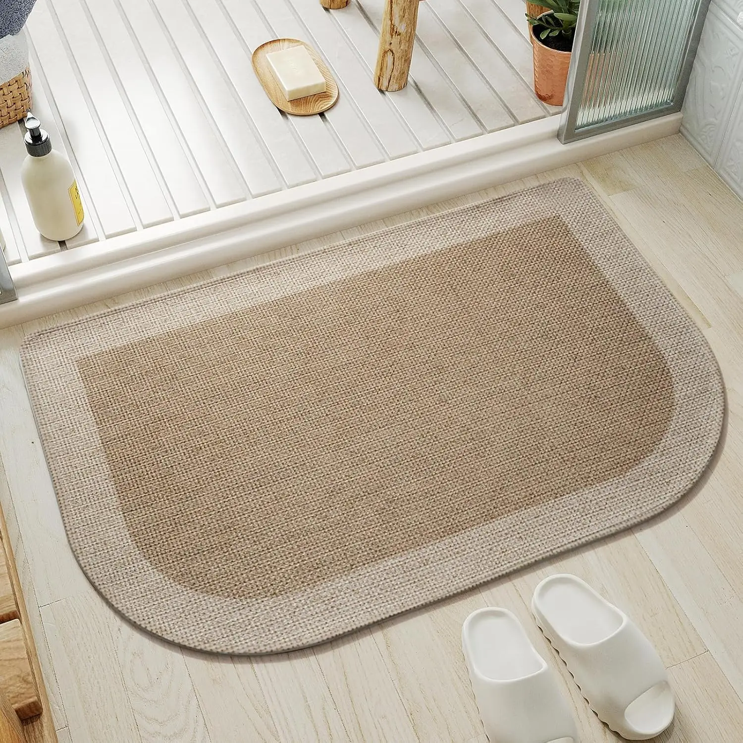 Half Circle Bath Mat Thin Bathroom Rugs Fit Under Door Quick Dry Non Slip Washable Bathroom Mat with Absorbent Woven Half