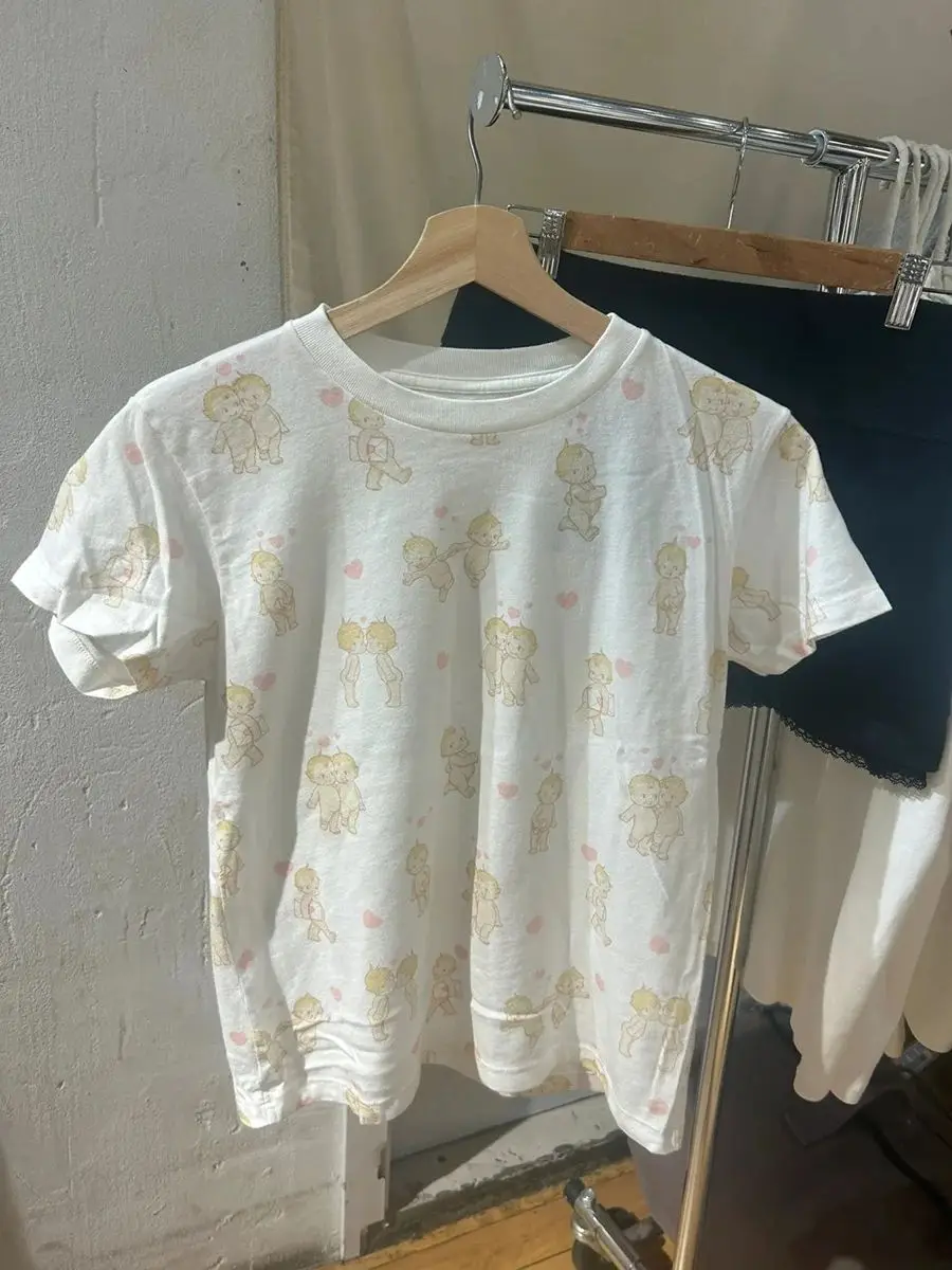 Angel Baby Heart Print T-shirt Shorts Set Woman Short Sleeve Tee+Straight Sweatshorts Sweet Cute Cotton Home Pajama 2 Piece Sets 3