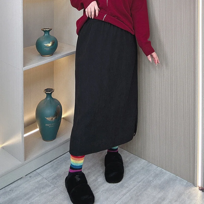 Plus Size Women Skirt Autumn Winter Loose Both Sides Slit Elastic Waist Skirt 66666