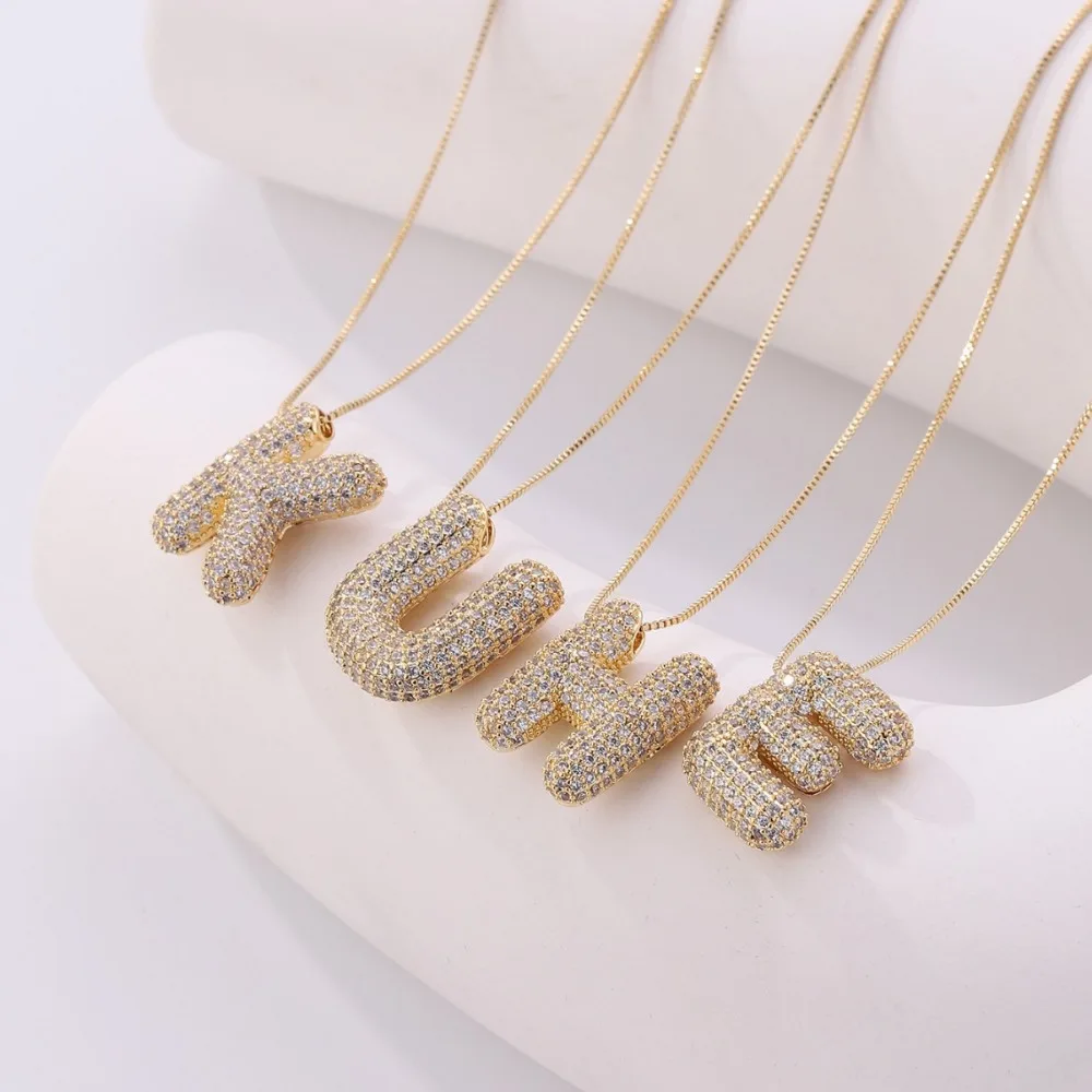 A-Z Sparkling Zircon Balloon Letter Initial Pendant Necklace for Women Stainless Steel Waterproof Chunky Bubble Alphabet Choker
